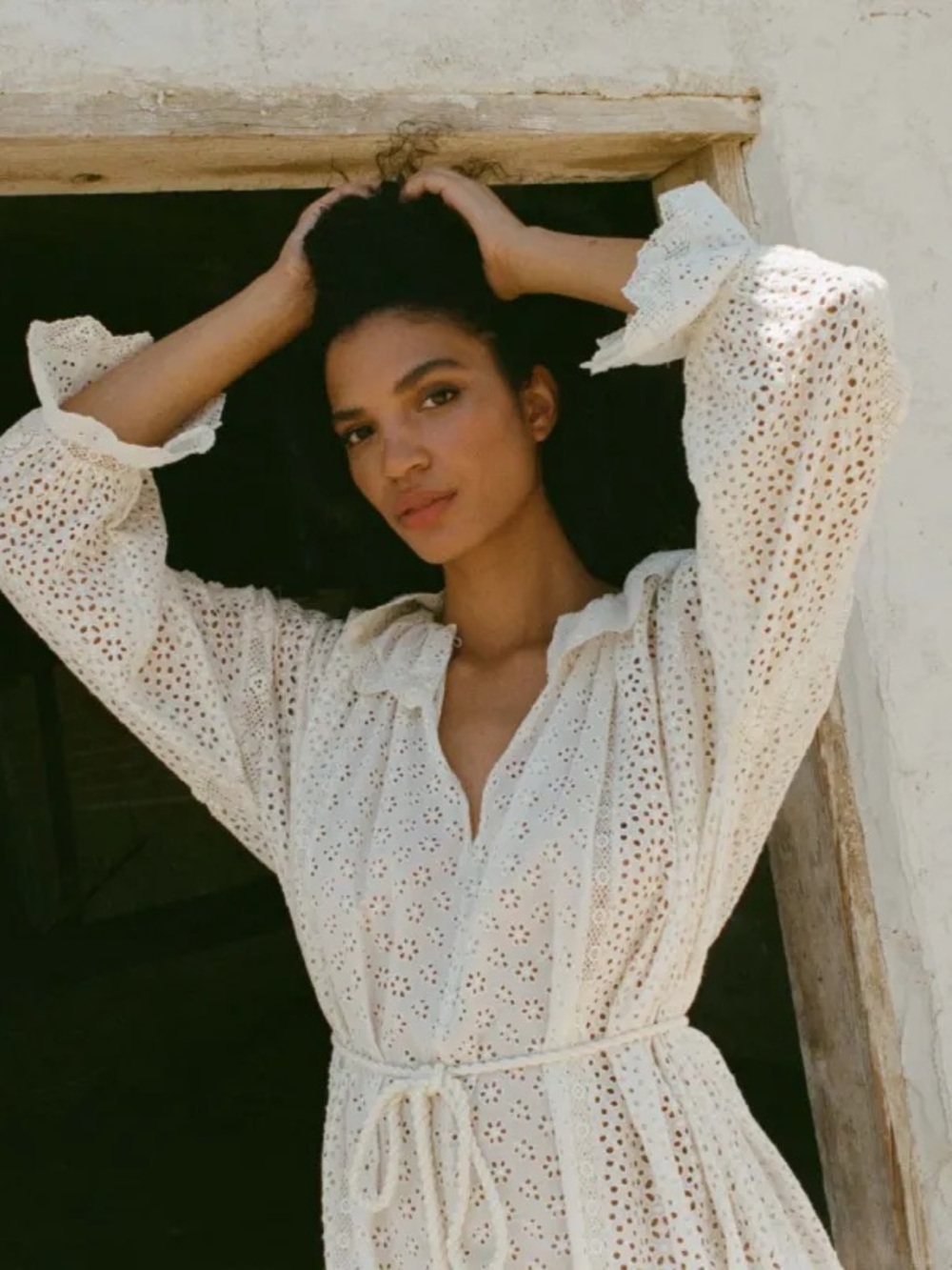 Doen Persephone Cream Eyelet Midi Dress with Tassel Belt in Magnolia NWT sz XXS - Picture 11 of 11